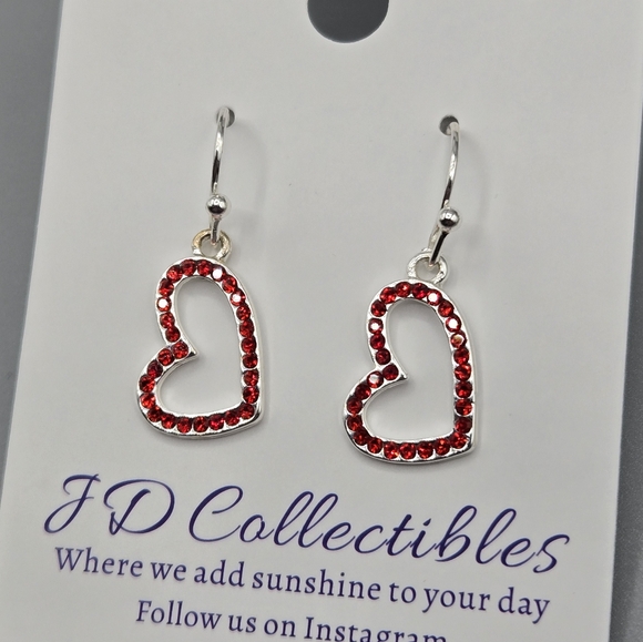 Ruby Red Heart Earrings Made With Swarovski Crystals Silver Overlay - Picture 1 of 3